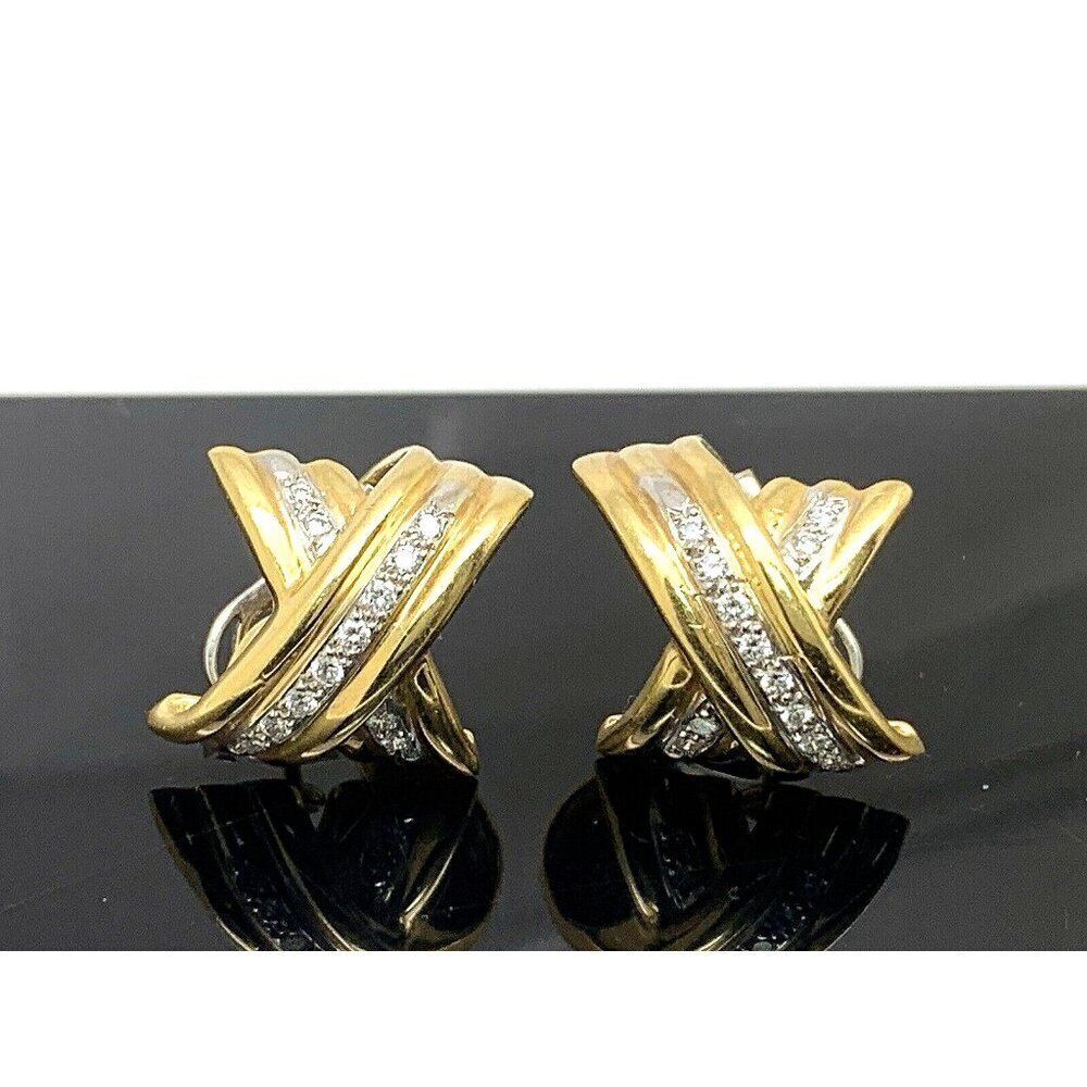 Diamond Earrings Knot X Shape 18k Gold 0.25ctw Omega Back Women's Estate Jewelry
